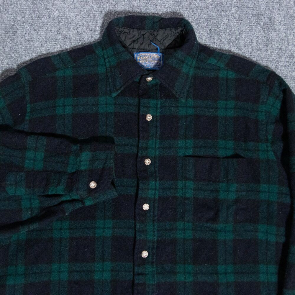 VTG 70s 80s Pendleton Wool Black Watch Tartan Button Flannel Shirt Large (22x28)